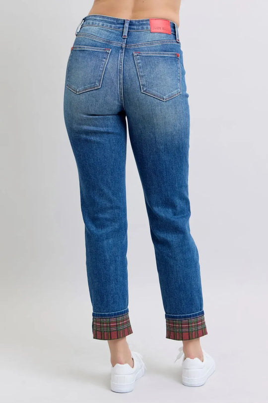 Another view: Judy Blue Camden Plaid Print Cuff Straight-Leg Jeans with Pockets
