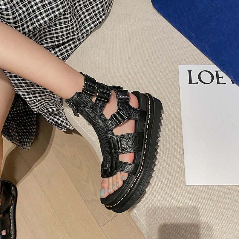 Women's Chunky Platform Elevator Sandals – Open Toe Buckle Sandals with Rubber Sole