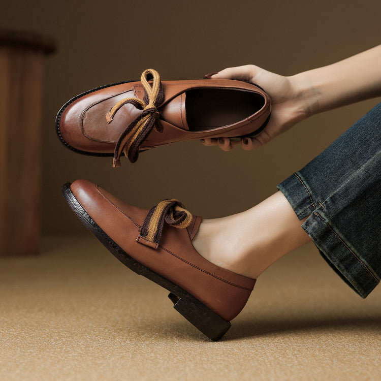 Women's Leather Bow Pumps | Retro Round Toe Chunky Low Heel Loafer Shoes