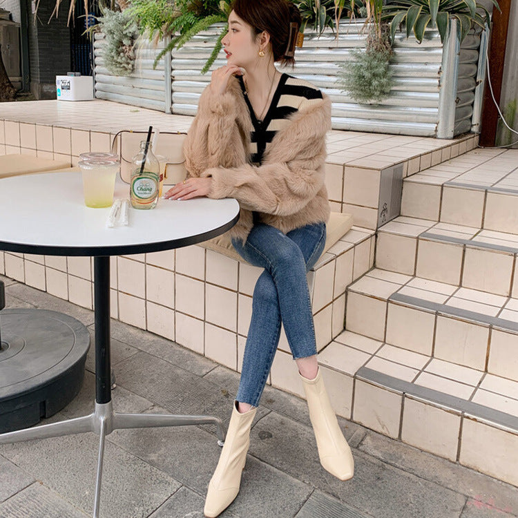Women's Square Toe Elastic High Heel Boots - Chunky Heel Ankle Boots