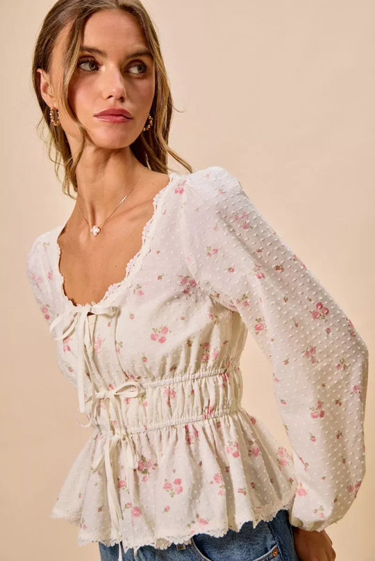 Another view: SO ME Floral Clip Dot Lace Trim Ruched Bodice Blouse