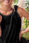 Women's black back-tie cotton top with faux-feather hem