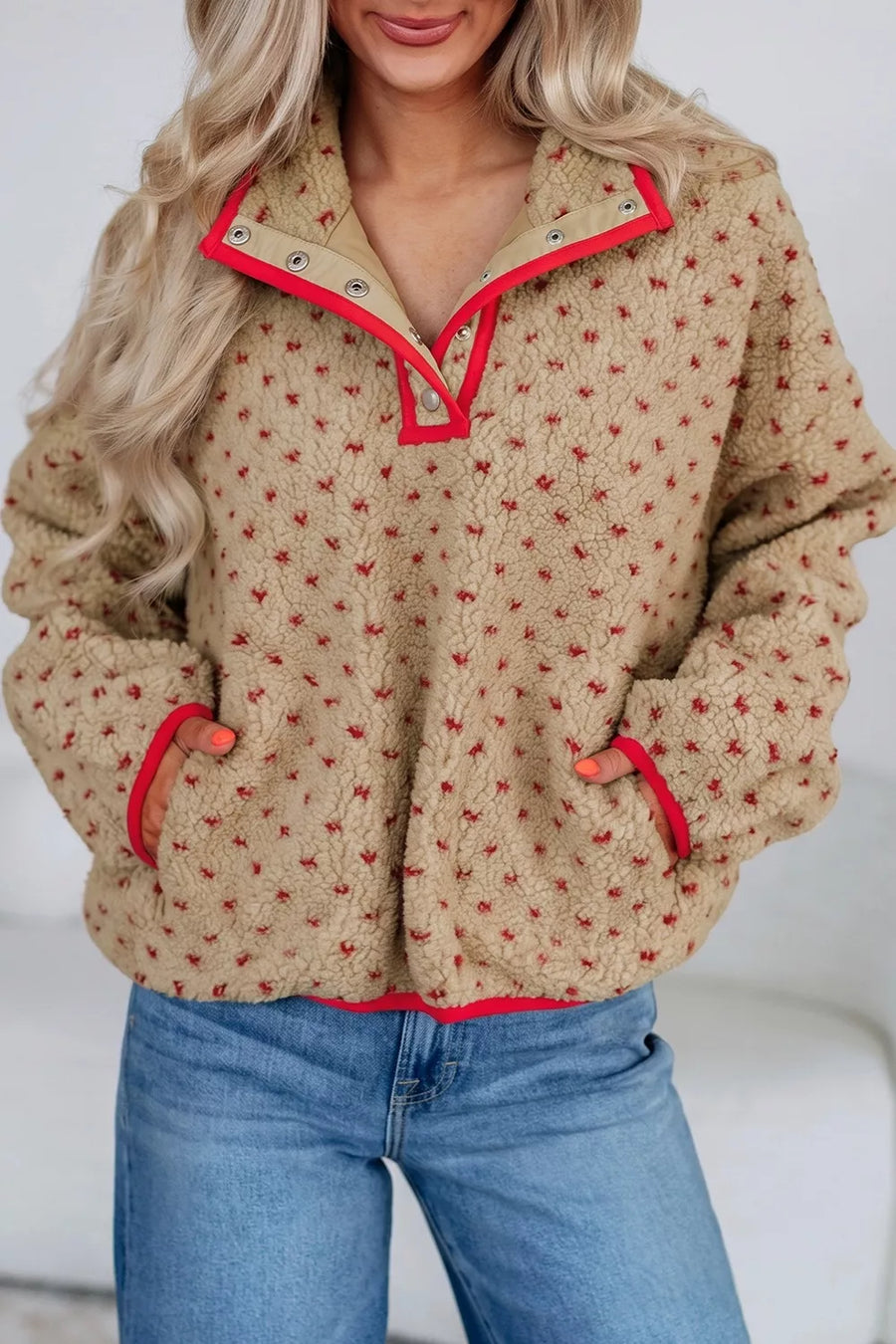Heart-Pattern Fleece Colorblock Collar Sweatshirt — Camel