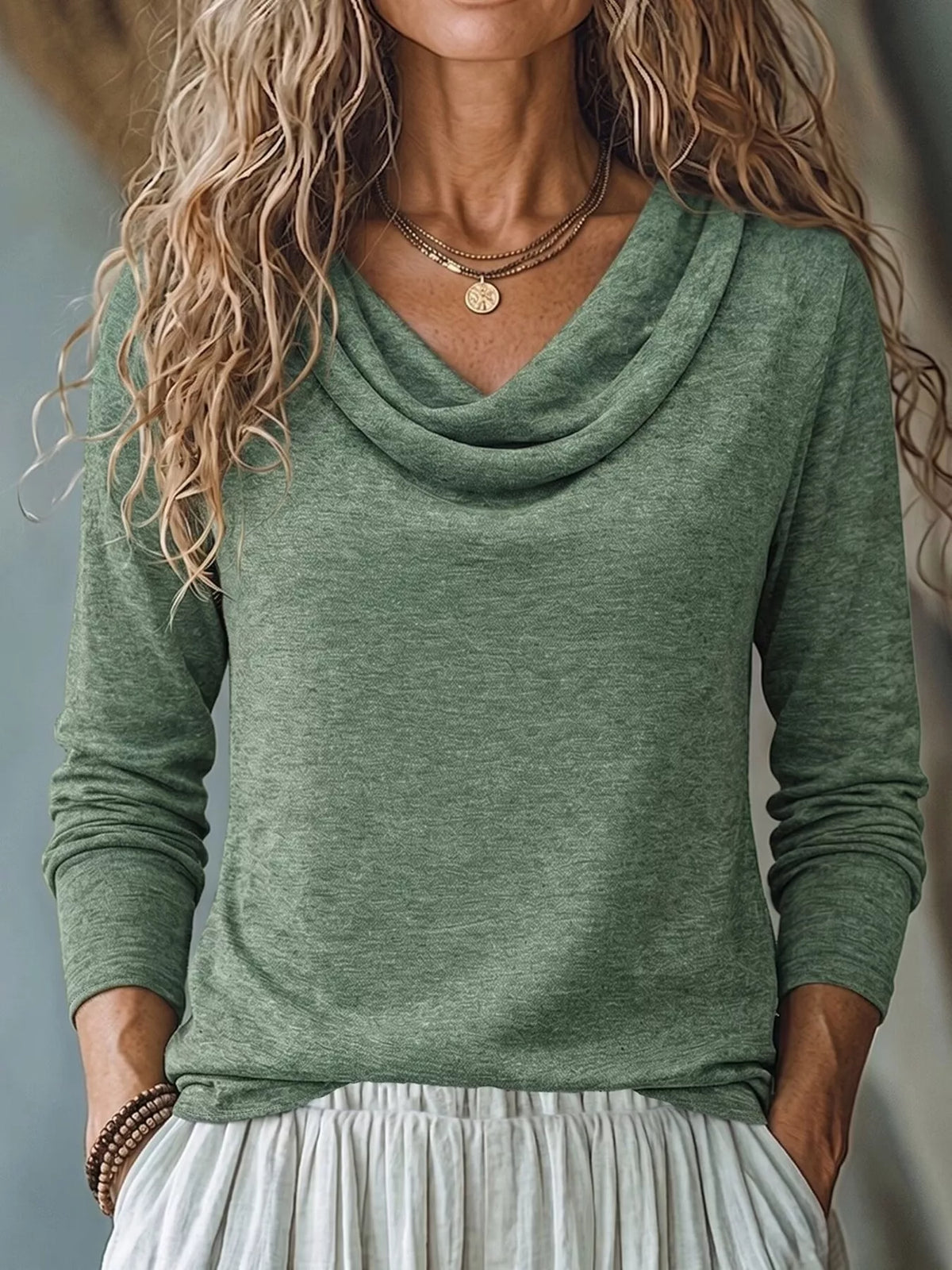 Cowl-Neck Long-Sleeve T-Shirt