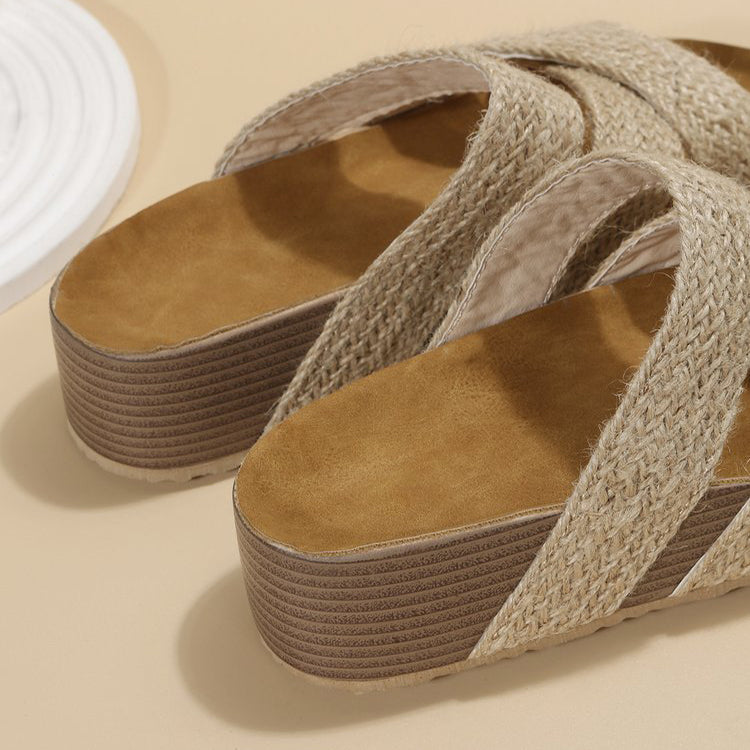 Women's Woven Platform Sandals | Flat Open-Toe PU Summer Beach Shoes