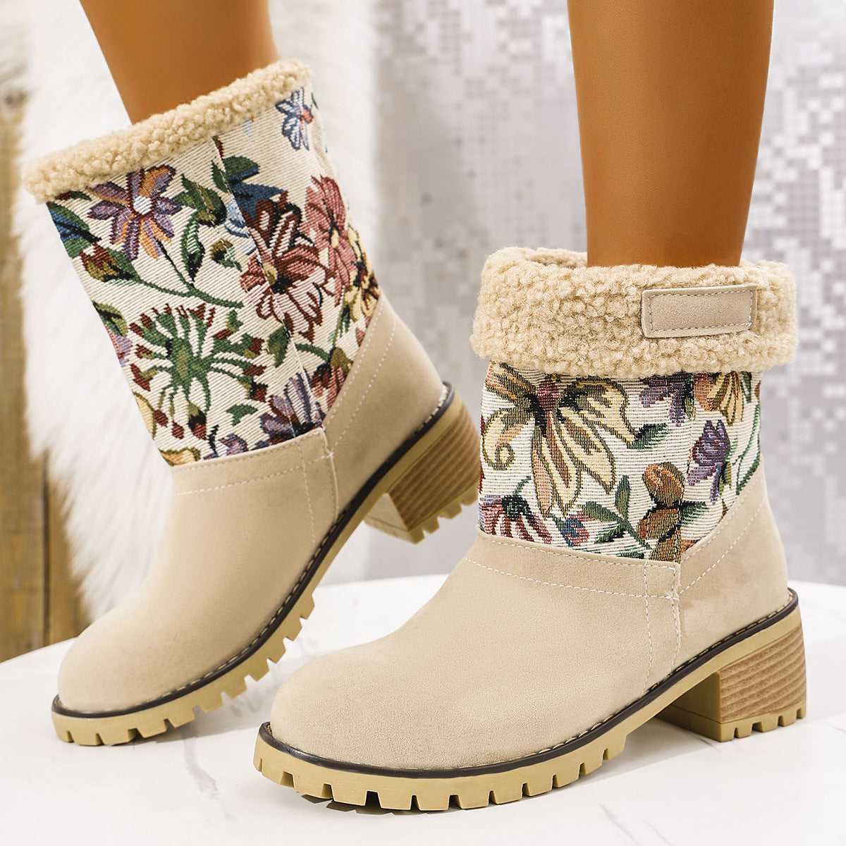 Women's Embroidered Snow Boots | Ethnic Floral Platform Square Heel Mid-Calf Winter Boots