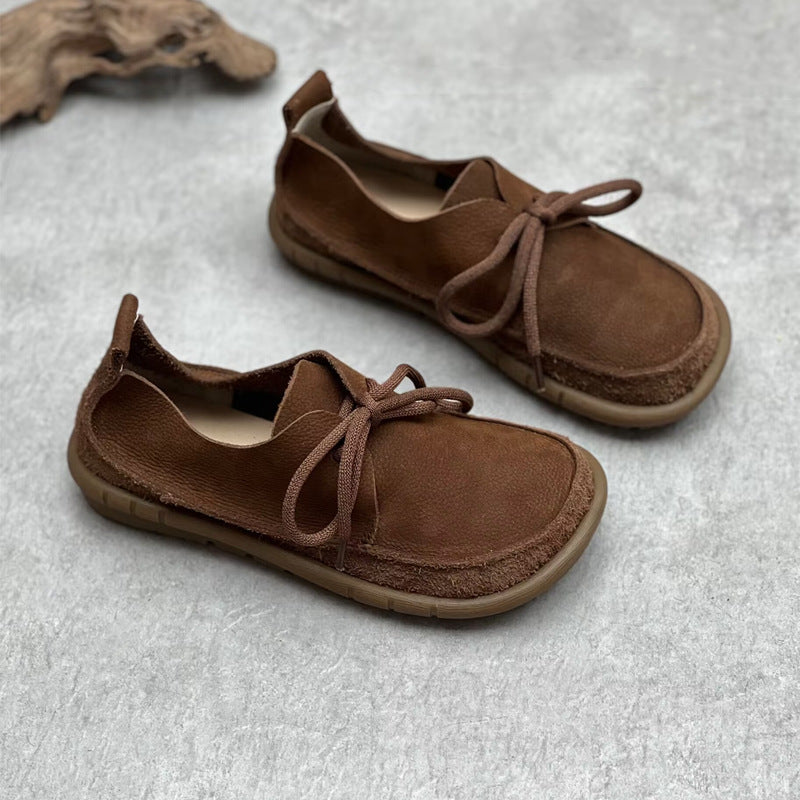 Women's Retro Leather Lace-Up Flats - Genuine Cowhide Casual Shoes