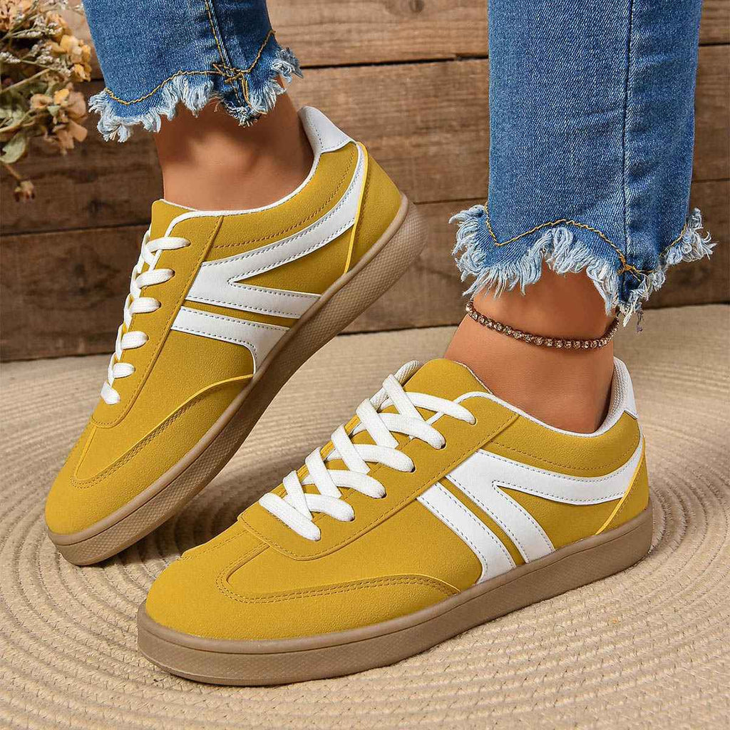 Women's Lace-Up Round Toe Flat Sneakers - PU Leather Casual Slip-On Walking Shoes
