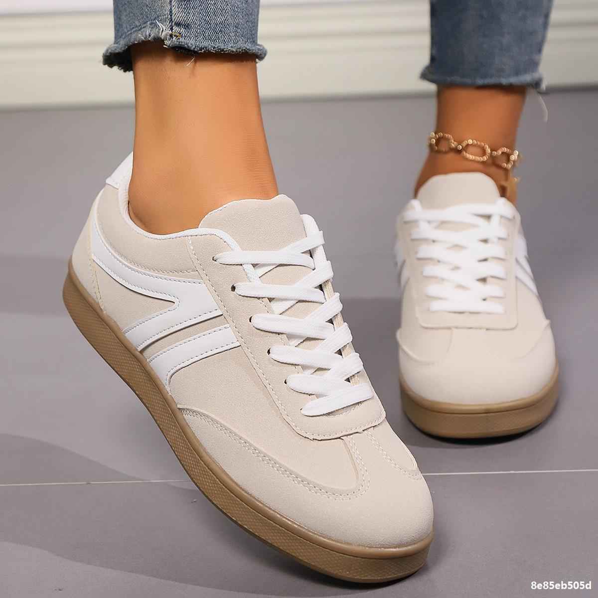 Women's Lace-Up Round Toe Flat Sneakers - PU Leather Casual Slip-On Walking Shoes