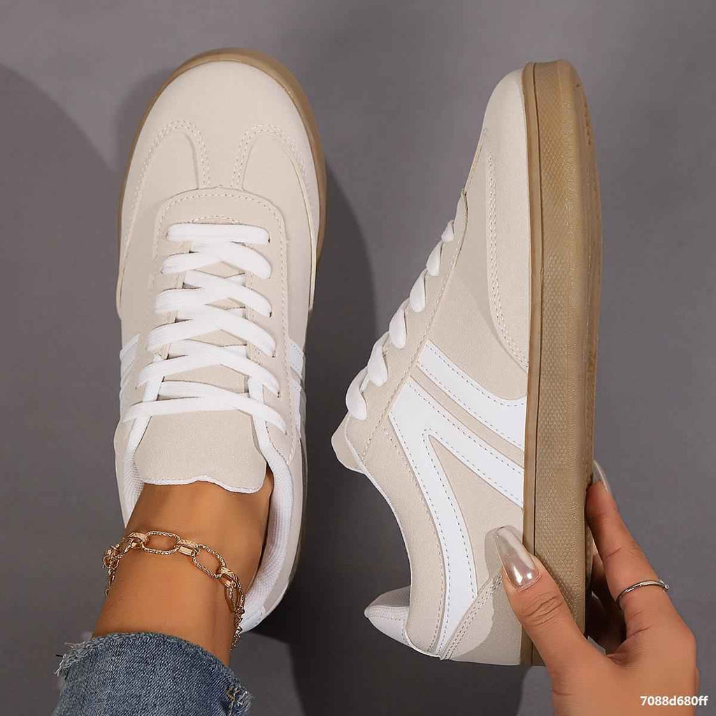 Women's Lace-Up Round Toe Flat Sneakers - PU Leather Casual Slip-On Walking Shoes
