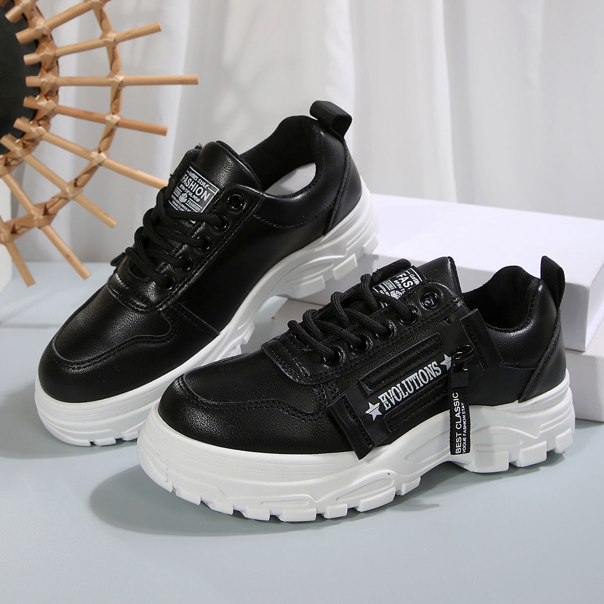 Women's Lace-Up Sneakers with Side Zipper | Thick Sole Round Toe Casual Sports Shoes