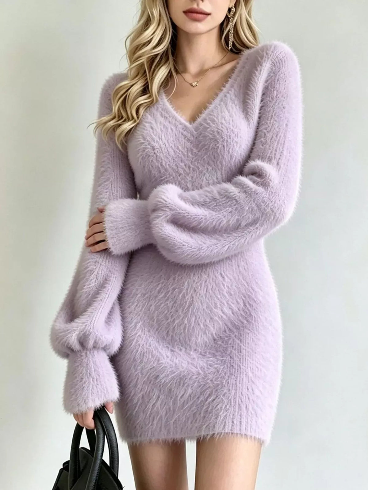 Fuzzy V-Neck Long-Sleeve Sweater Dress — photo 13
