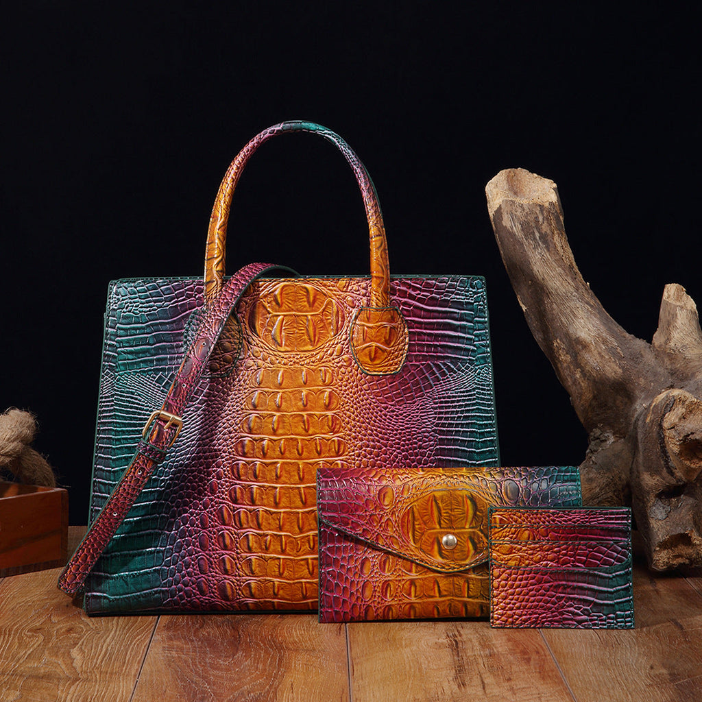 Women's Crocodile-Grain Crossbody Tote Bag Set - 3-Piece Premium PU Leather Handbag Collection