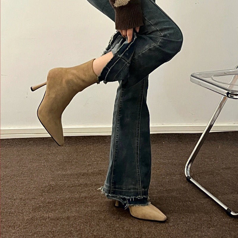 Women's Suede Mid-Calf High Heel Boots - Pointed Toe Stretch Boots with Side Zipper