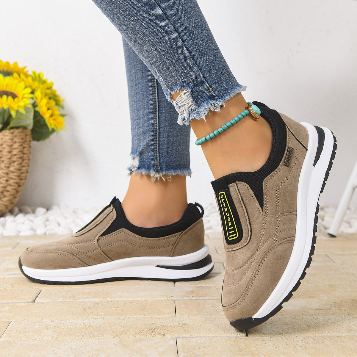 Women's Casual Plus-Size Slip-On Running Shoes | Suede Chunky Heel Sneakers