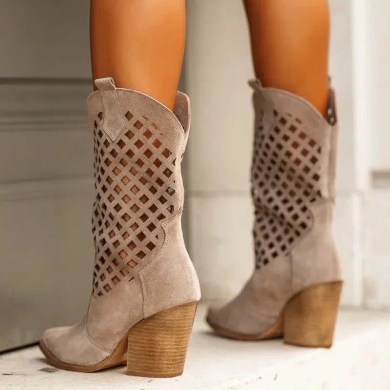 Women's Plus-Size Cutout Mesh Over-the-Knee Boots | Chunky Heel Slip-On Suede Boots