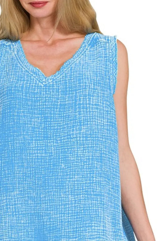 Another view: Double Gauze Raw Edge Acid Washed Tank — DEEP SKY