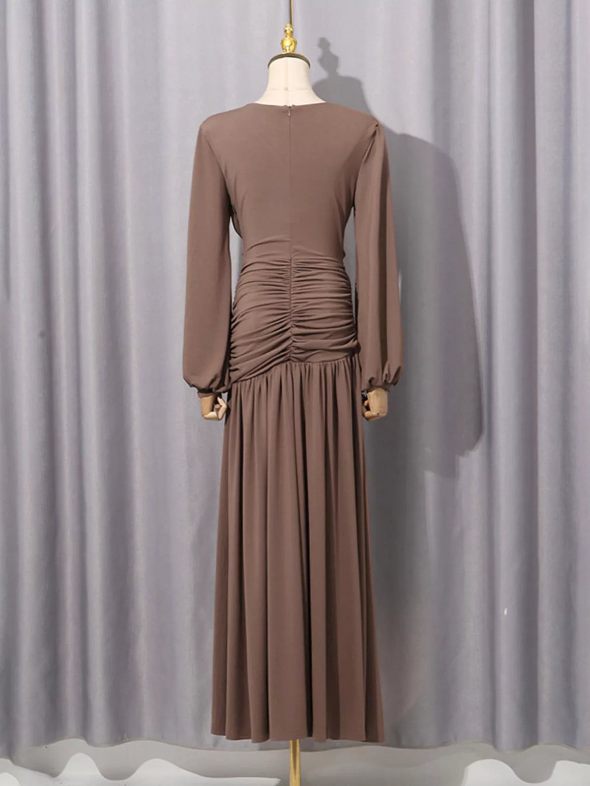 Brown Ruched Cutout Maxi Dress