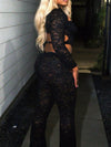 Black sheer lace cutout long-sleeve jumpsuit