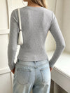 Grey lace-trim long-sleeve Henley top for women