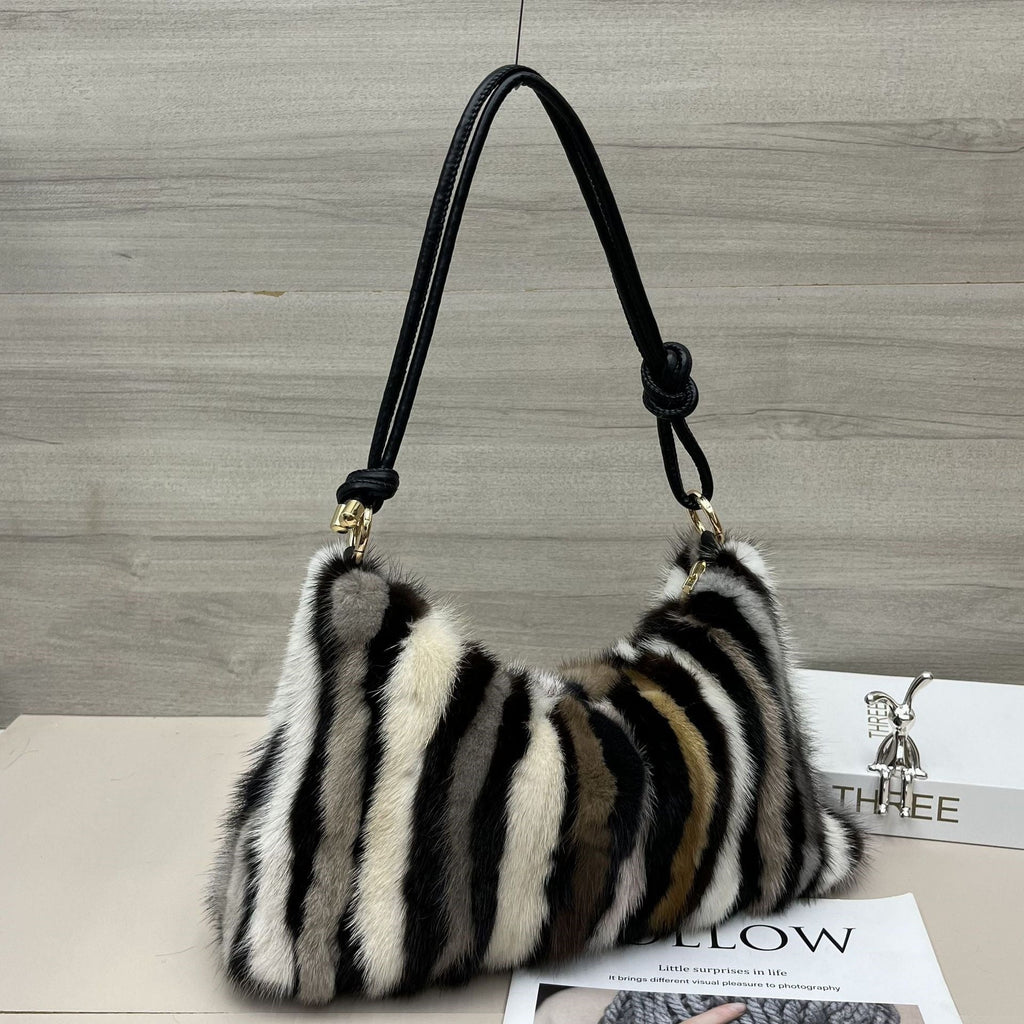 Handheld Plush Baguette Bag – Mink Fur & Synthetic Leather Mini Handbag