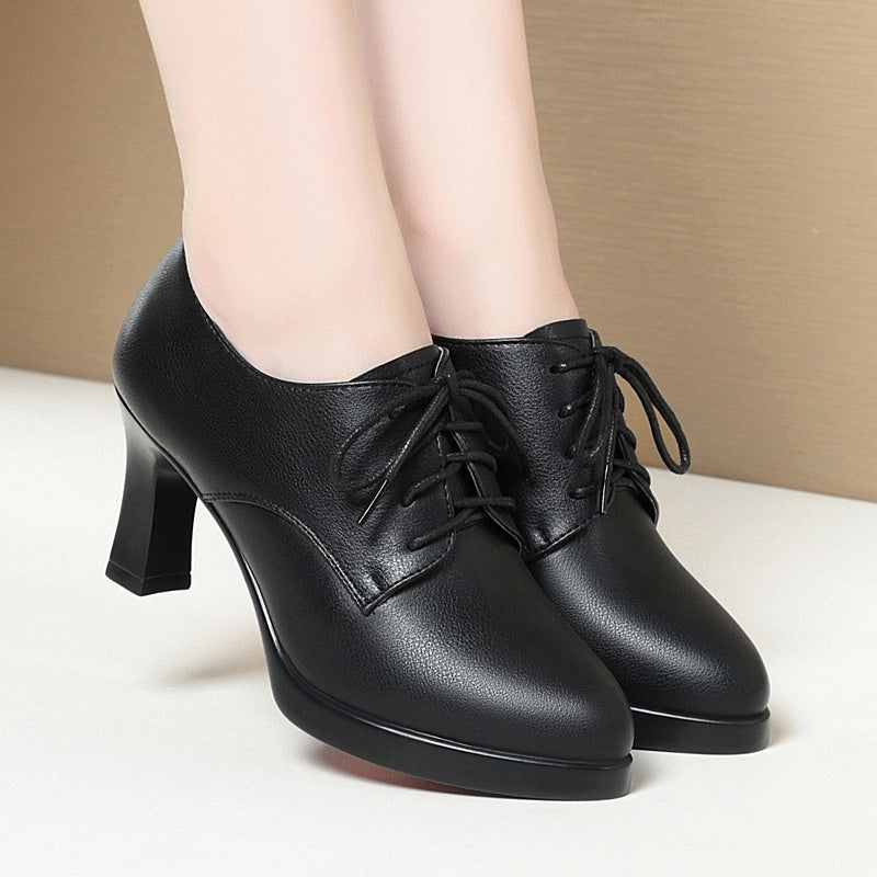 Women's Lace-Up Chunky Heel Shoes - Comfortable Non-Slip Round Toe Dress Heels