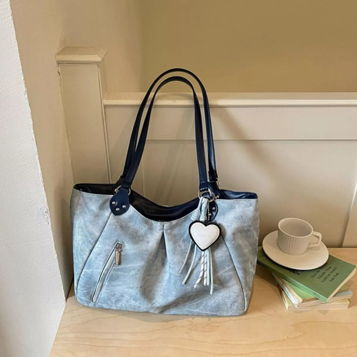 Pastel Blue Ruched PU Leather Shoulder Bag