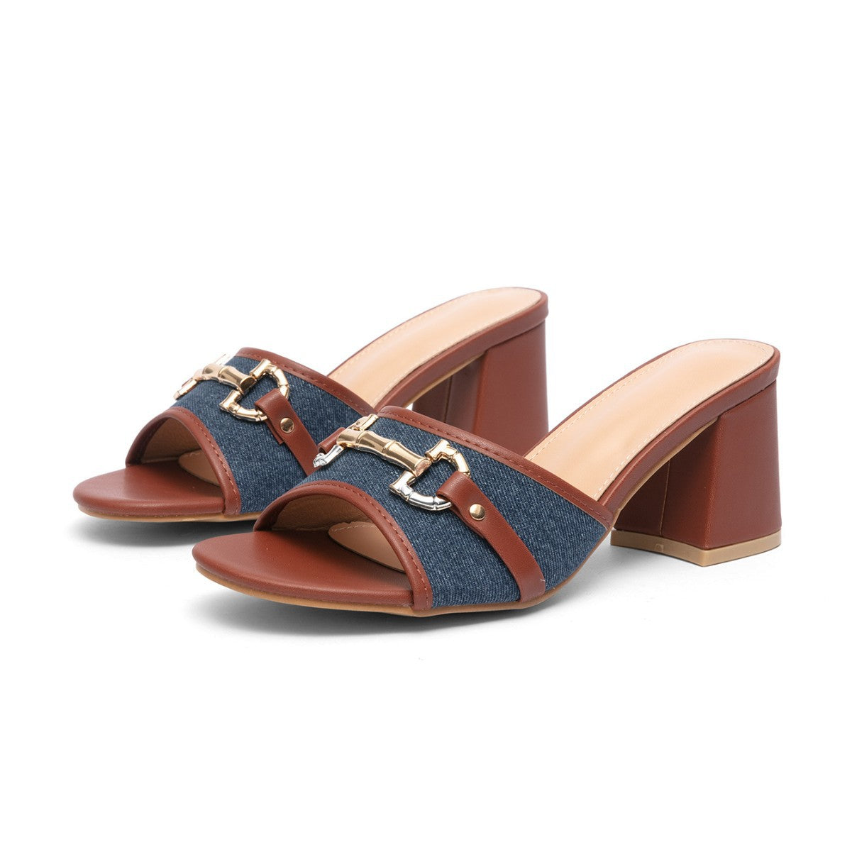 Women's Chunky Heel Square-Toe Slip-On Sandals | PU Upper Brown Platform