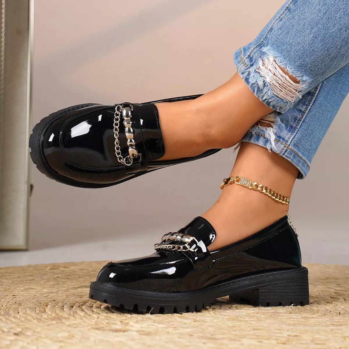 Women's Chain Embellished Round Toe Loafers – Mid Heel, PU Leather, Slip-On