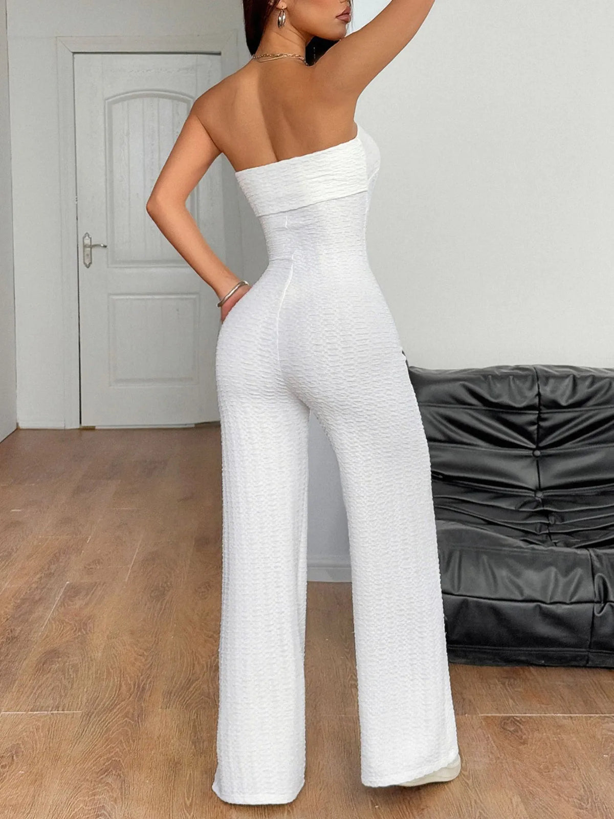 White Strapless Sweetheart-Neck Wide-Leg Jumpsuit