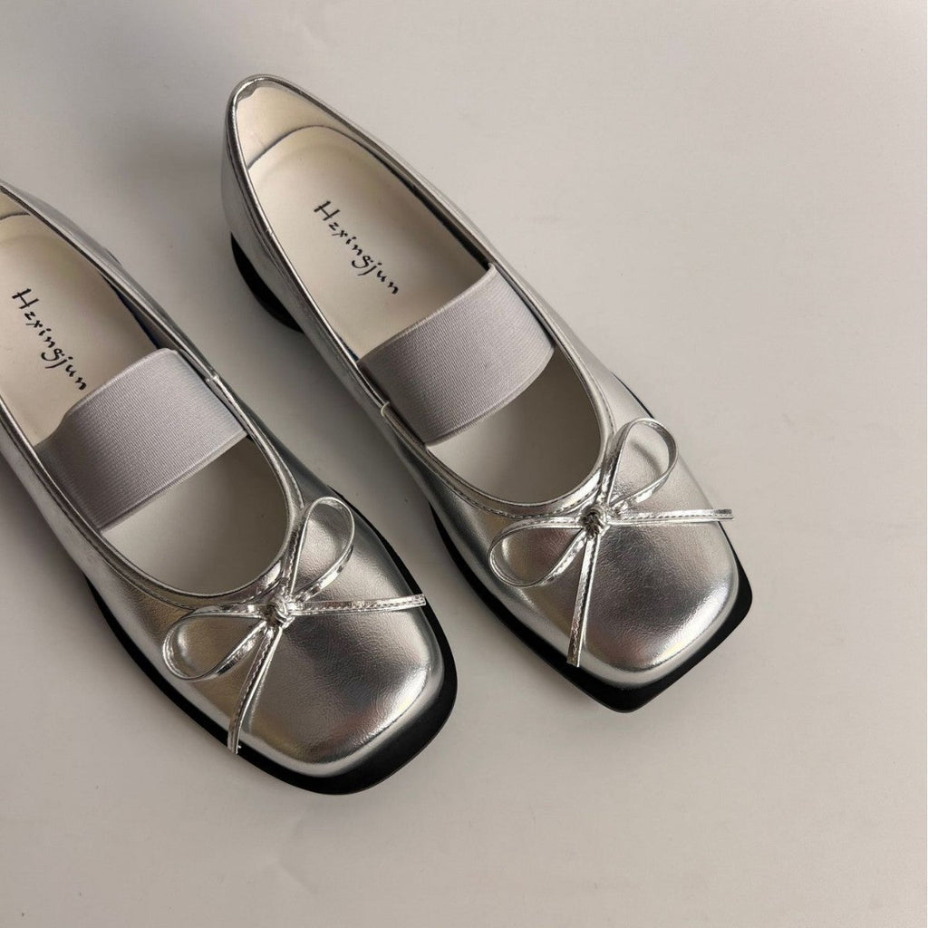 Women's Bow-Knot Genuine Leather Ballet Flats - Chunky Heel Mary Jane Shoes