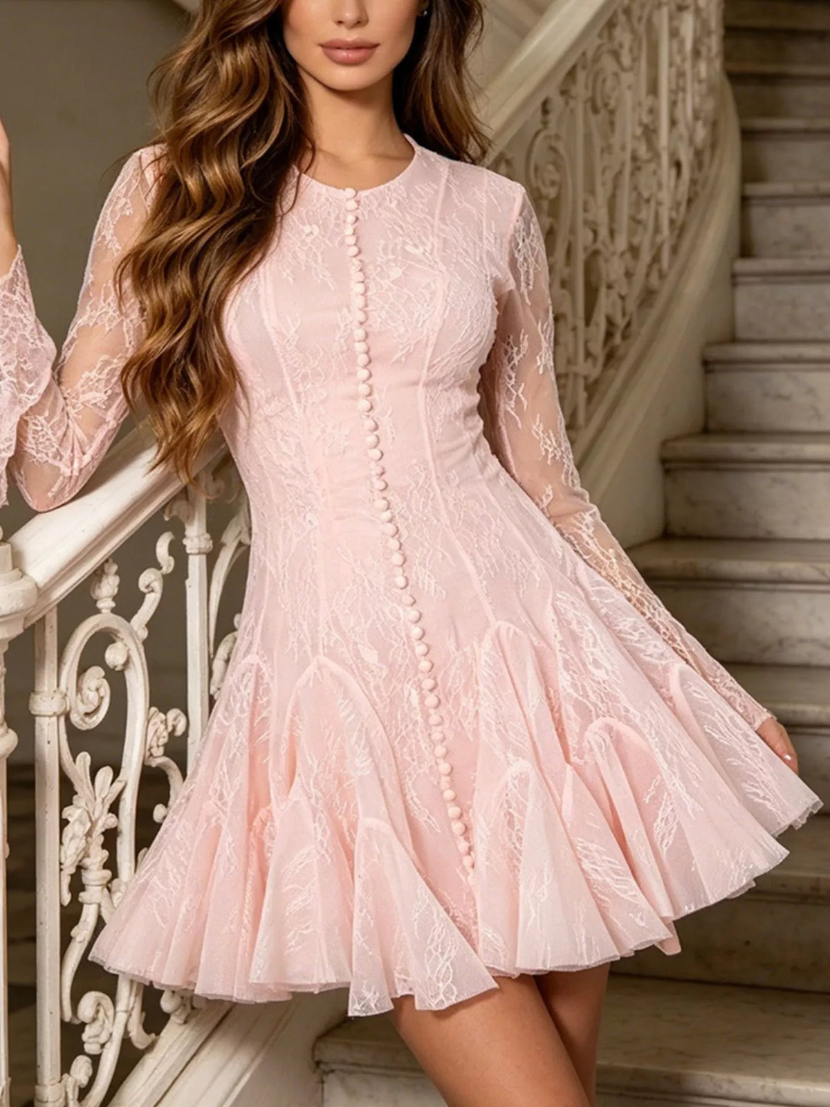 Pink Lace Flare-Sleeve Mini Dress
