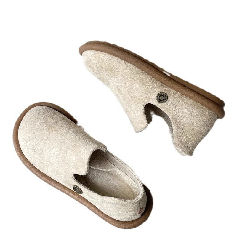 Women's Vintage Suede Slip-On Pumps | Low Heel Round Toe Dress Shoes | Creamy White & Black