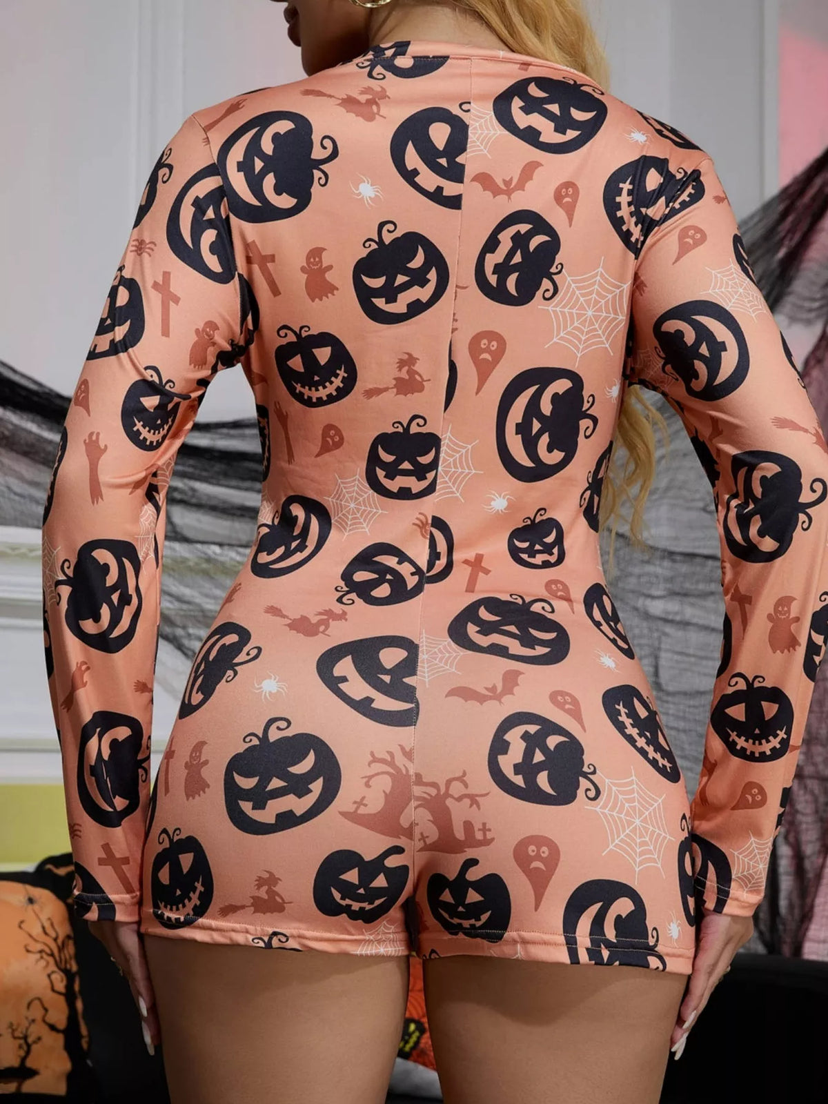 Pumpkin Print Button-Front Lounge Romper