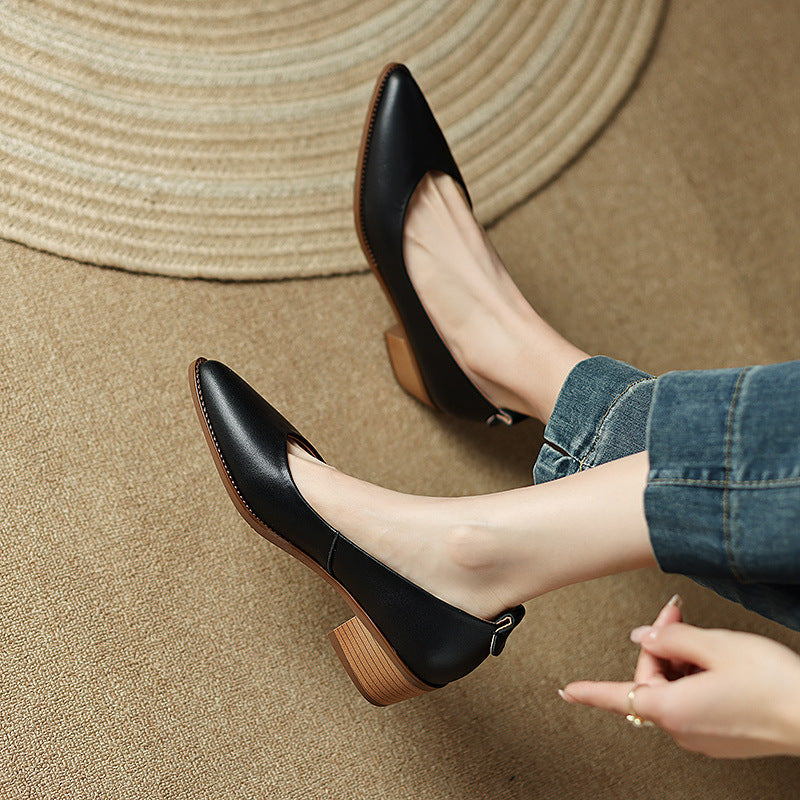 Women's Sheepskin Chunky Heel Slip-On Shoes | Pointed Toe Low Heels