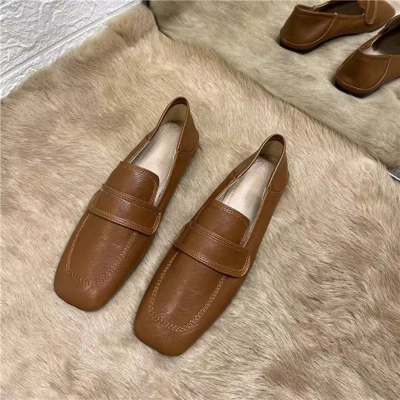 Women's French-Style Retro Square Toe Flat Casual Shoes - Slip-On Comfort Loafers