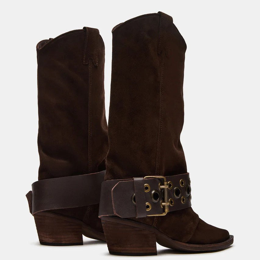 Women's Chunky Heel Ankle Boots – Pointed Toe Slip-On with Buckle Detail | Dark Brown