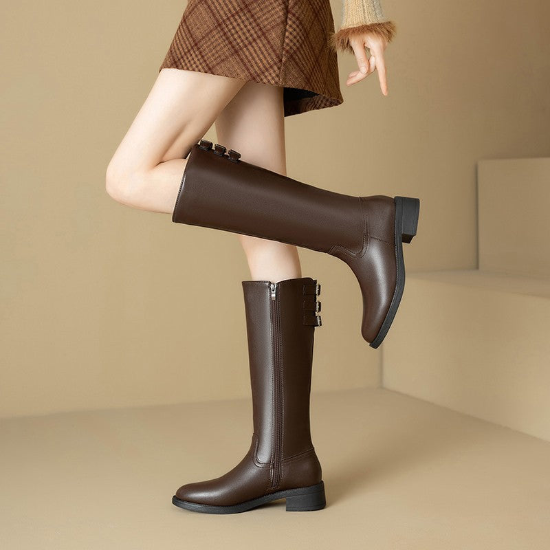 Women's Retro Chunky-Soled Equestrian Boots - Mid Heel High Shaft Riding Boots