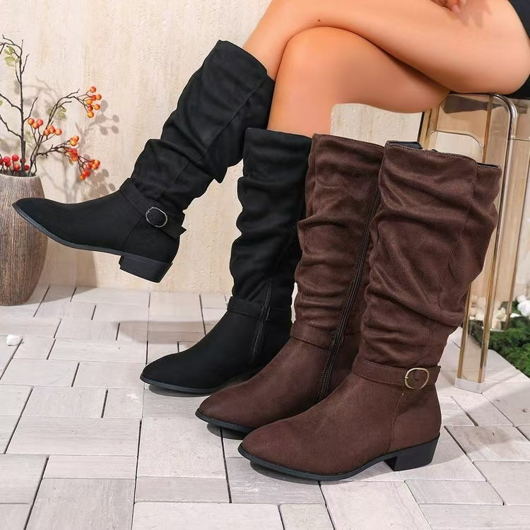 Belt Buckle High Shaft Suede Long Boots