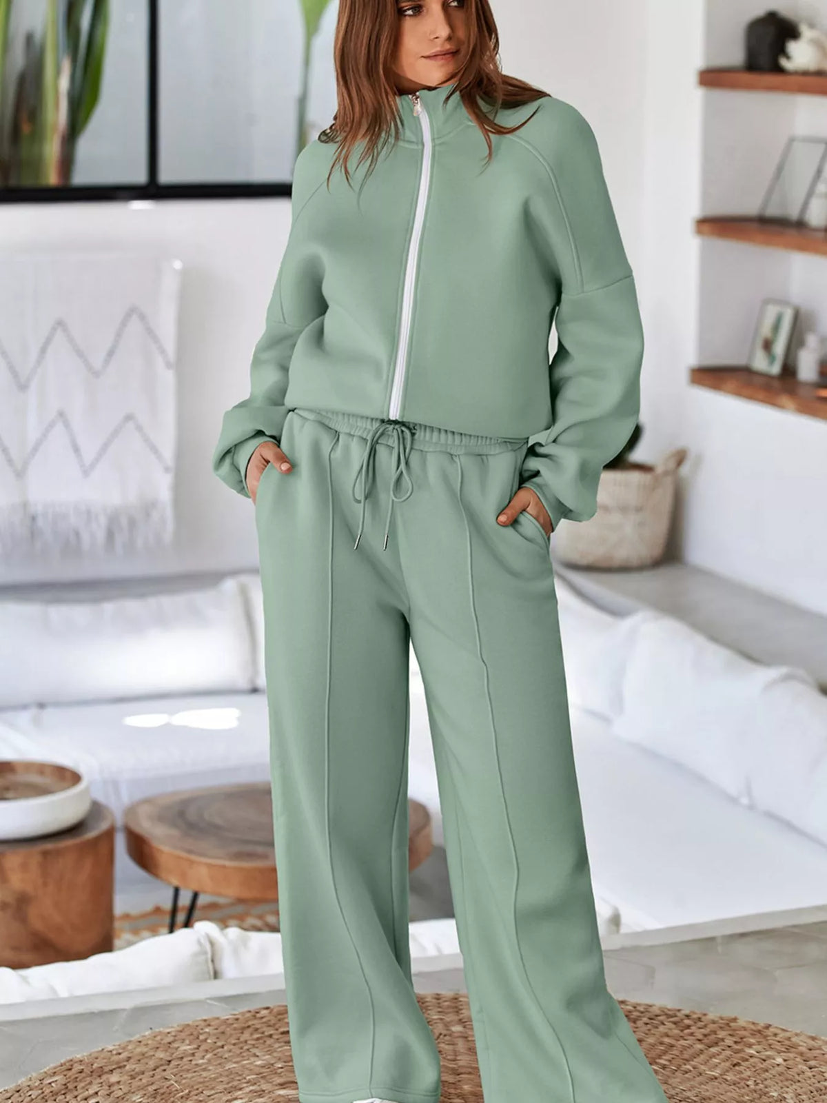 Drop Shoulder Zip-Up Jacket & Drawstring Pants Active Set