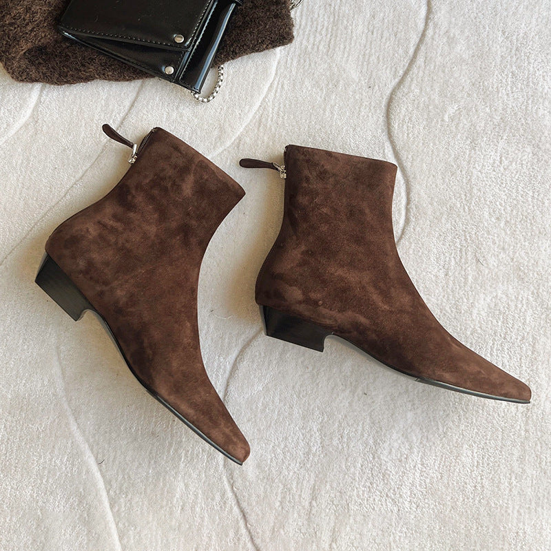 Women's Slim-Fit Ankle Boot | Square Toe Chunky Heel | Suede Upper Back Zipper