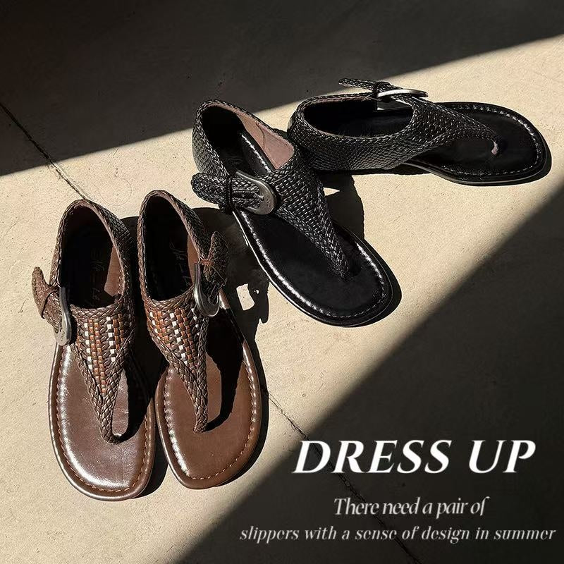 Women's Handwoven Cowhide Thong Sandals | Full-Grain Leather Ankle Buckle Flat Shoes