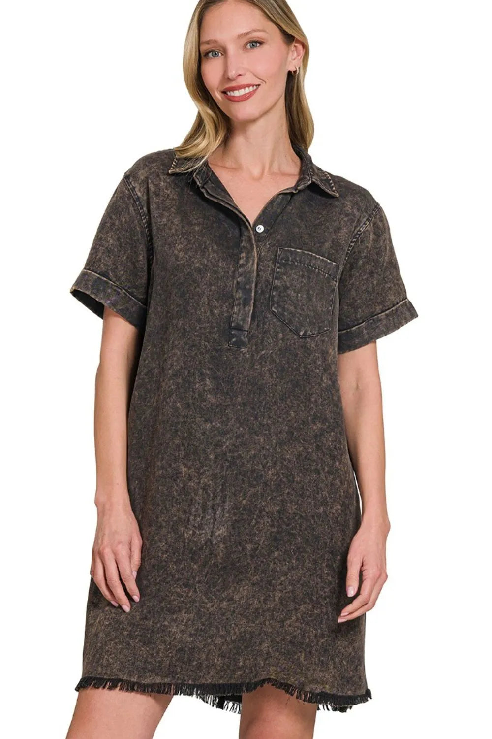 Tencel Mineral Washed Collared Shirt Dress — Ash Black