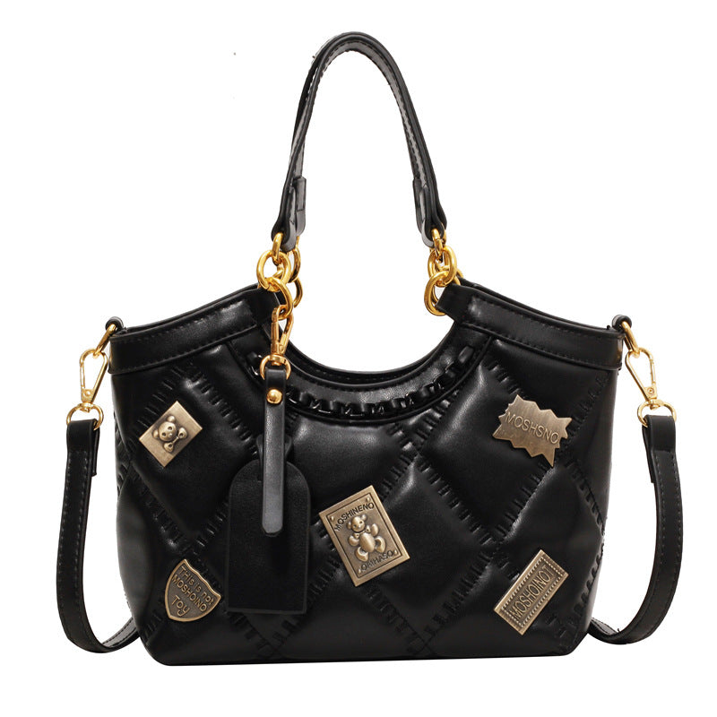 Diamond-Pattern Badge Shoulder Crossbody Bag for Women - PU Leather Bucket Bag with Chain Strap