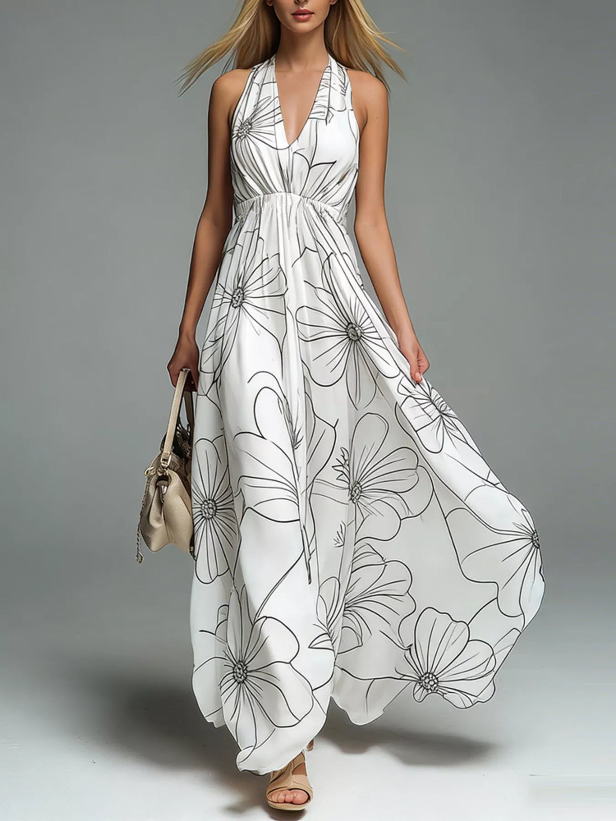 Women's Halter-Neck Printed Flowy Maxi Dress