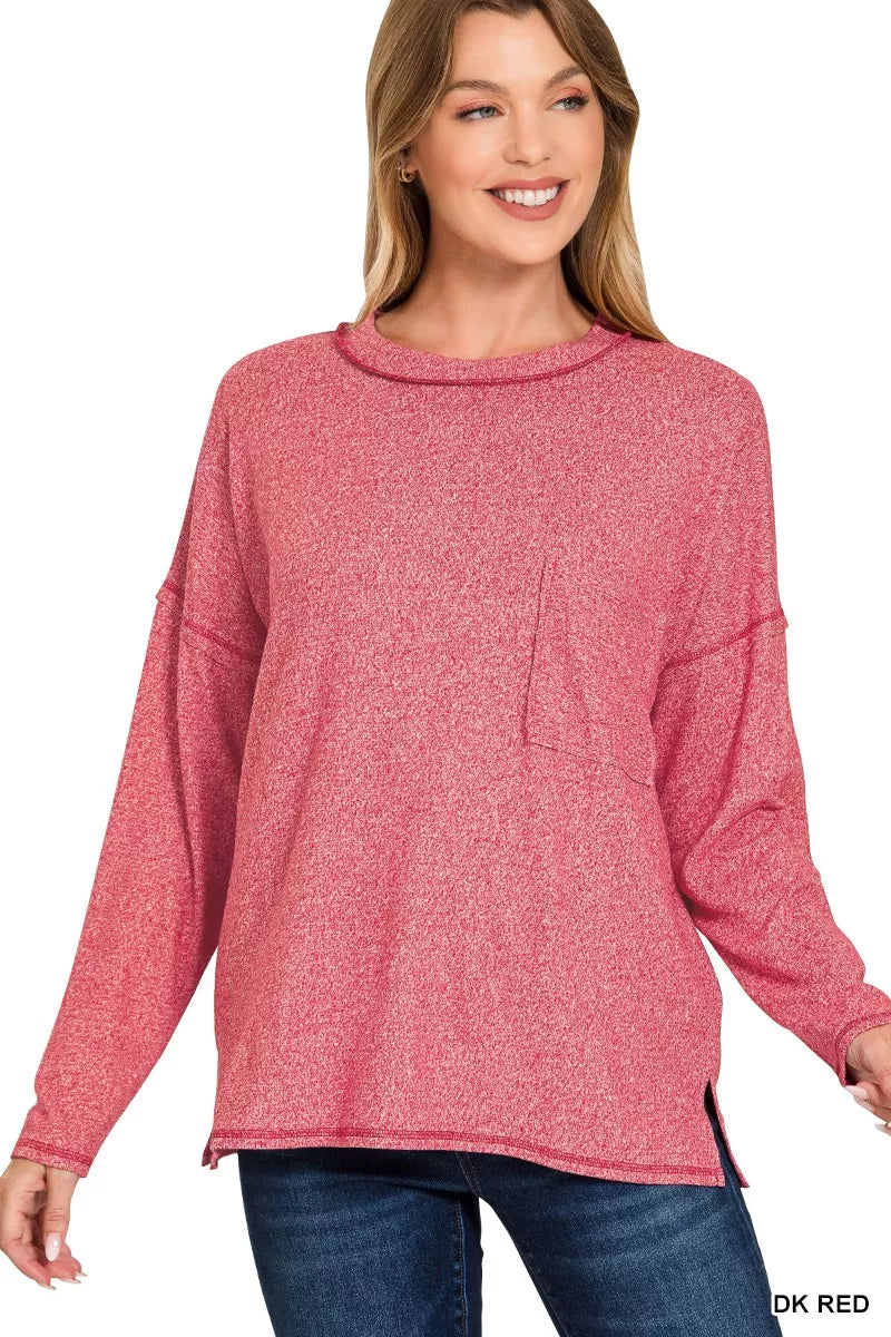 Soft Melange Hacci Round-Neck Long Sleeve T-Shirt — DK RED