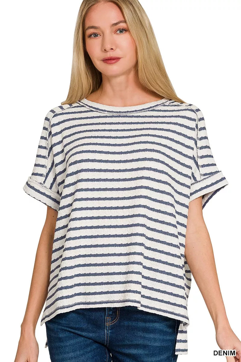 Stripe Jacquard Round-Meck Tee — Denim