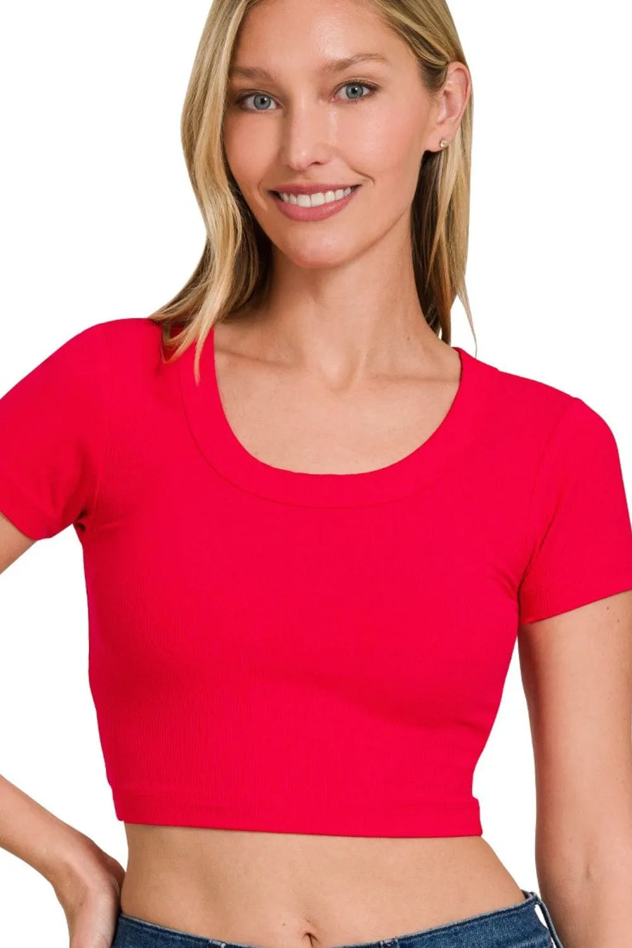 Ribbed Scoop Neck Crop Short Sleeve Top