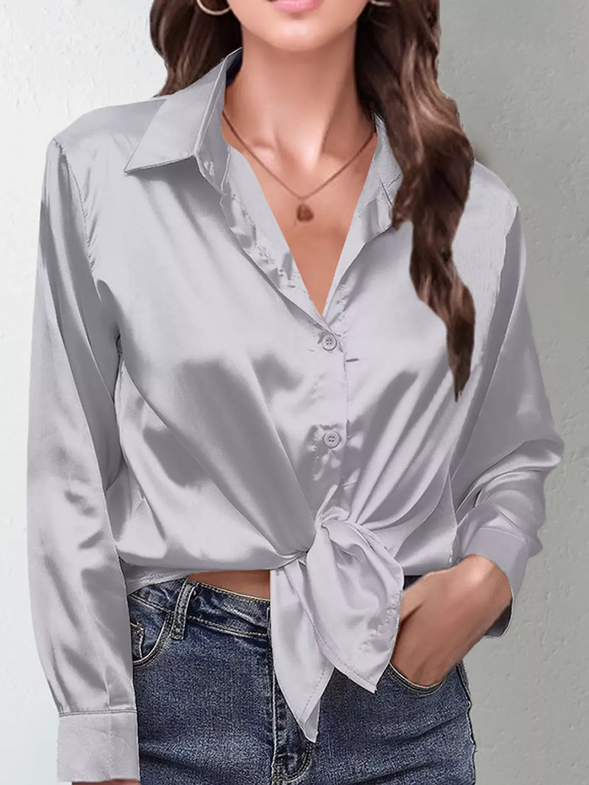 Women's Satin High-Low Button-Down Shirt — photo 23