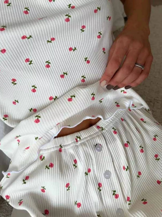 Another view: Floral Ribbed-Knit Cami & Shorts Lounge Set — Cream